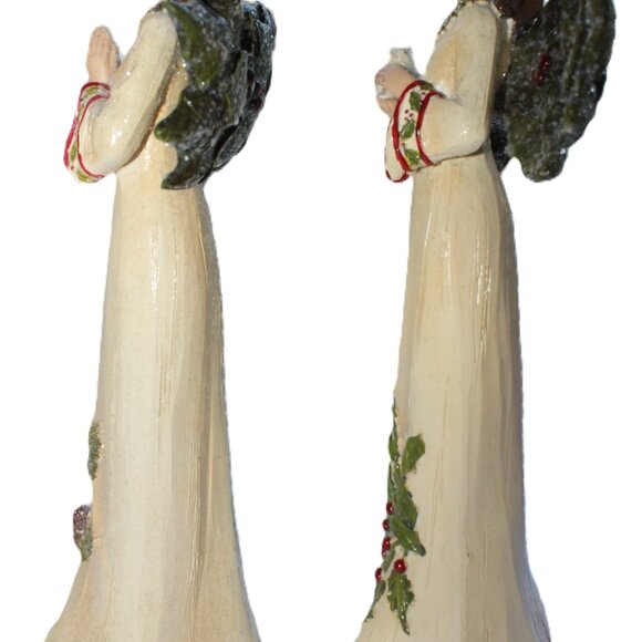 Pair Of Resin Holly Winged Christmas Angel Statues 12" Tall - Picture 7 of 16